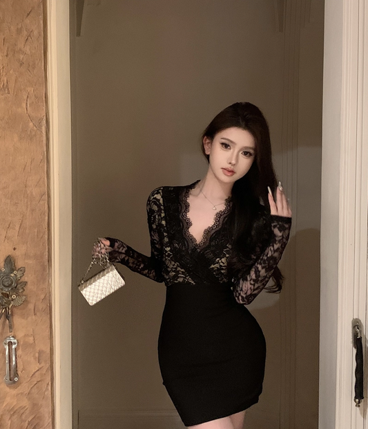 Sexy Black Hip-hugging V-neck Lace Short Dress Birthday Dress YM2334