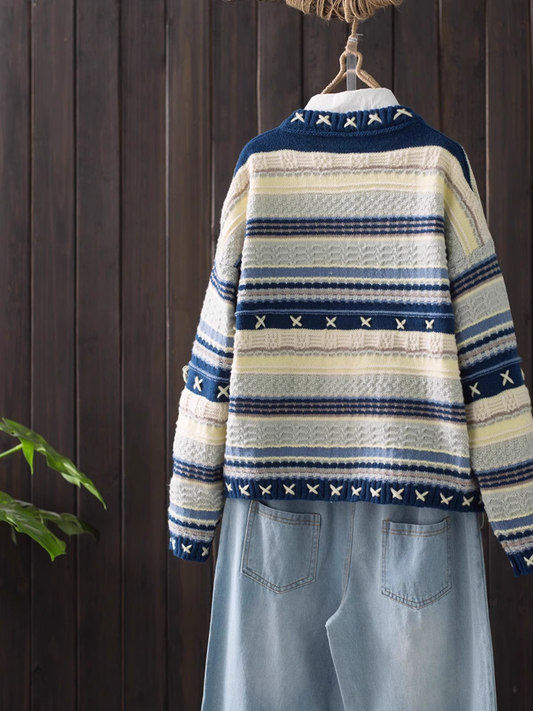 Colorblock round neck cardigan knitted design sweater jacket for women YM503