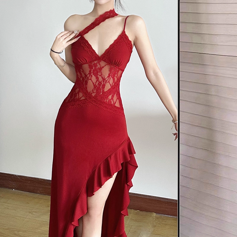 Sexy Spaghetti Straps Black Lace Slit Ruffle Party Dress Birthday Outfits YM2198