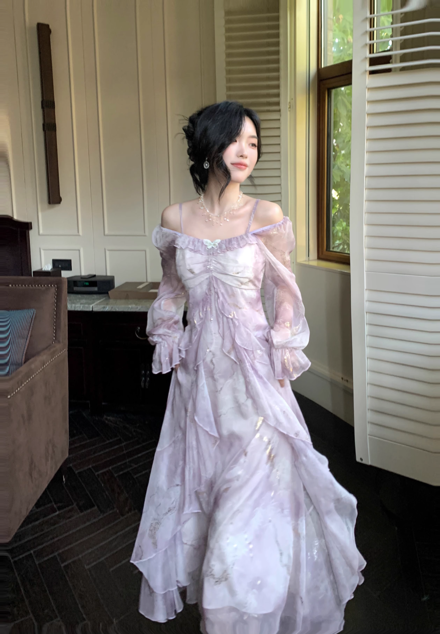 Purple Chiffon Butterfly Gold Foil Ruffle Long Sleeve Party Dress YM2024