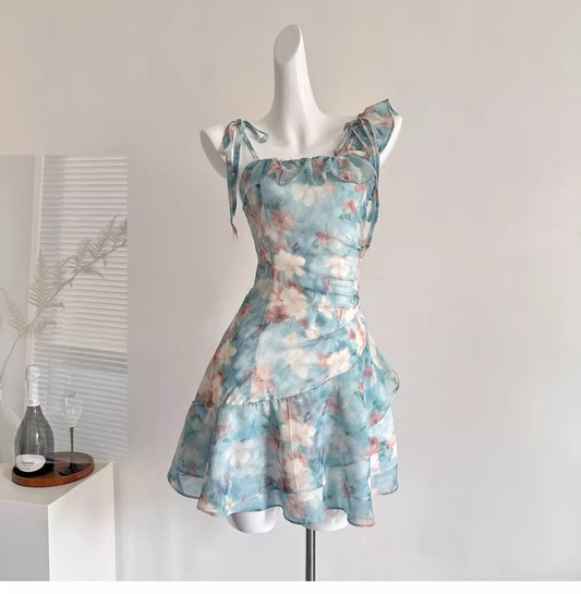 Spaghetti Straps Irregular Ruffles Short Holiday Dress YM2079