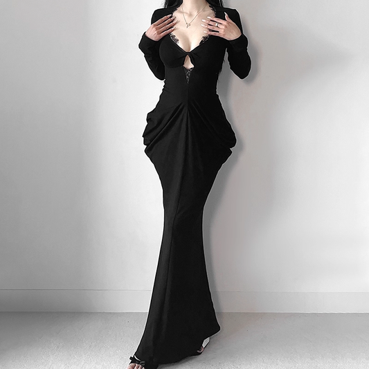 Sexy V Neck Long Sleeves Black Mermaid Long Party Dress Holiday Dress YM2253