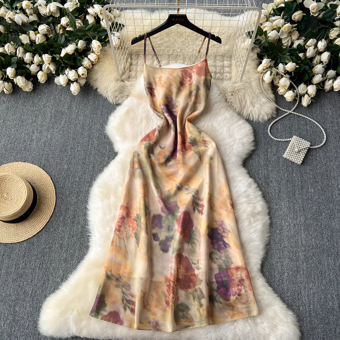 Seaside vacation suspender oil painting print beach dress YM1091