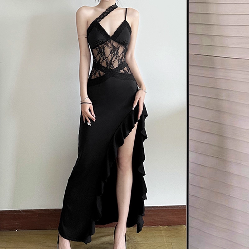 Sexy Spaghetti Straps Black Lace Slit Ruffle Party Dress Birthday Outfits YM2198