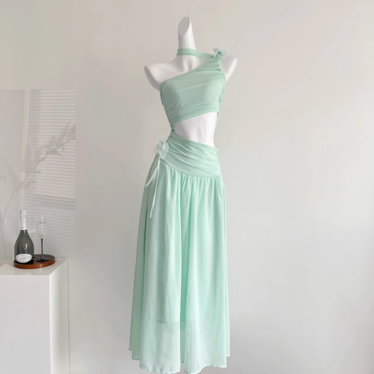 Sexy Mint Green One Shoulder Chiffon Vacation Dress Birthday Dress YM2077