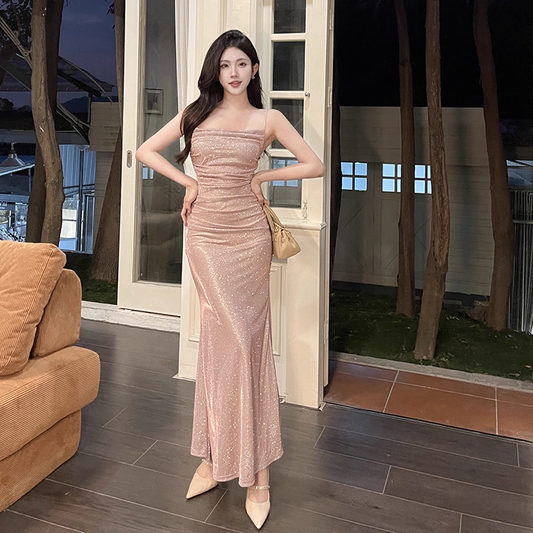 Sparkly Straps Sheath Mermaid Long Birthday Dress Pink Holiday Dress Vacation Dress YM2268