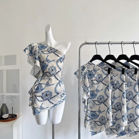 Off-shoulder Irregular Satin Print Hot Girl Sexy Mini Dress Holiday Dress YM2091