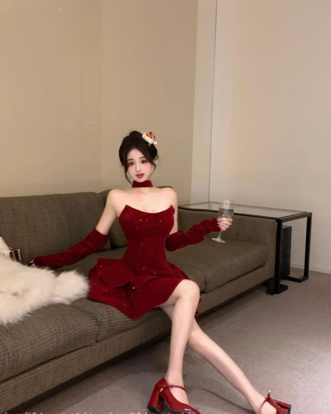 Glitter Red Velvet A Line Party Dress Birthday Outfits YM1822