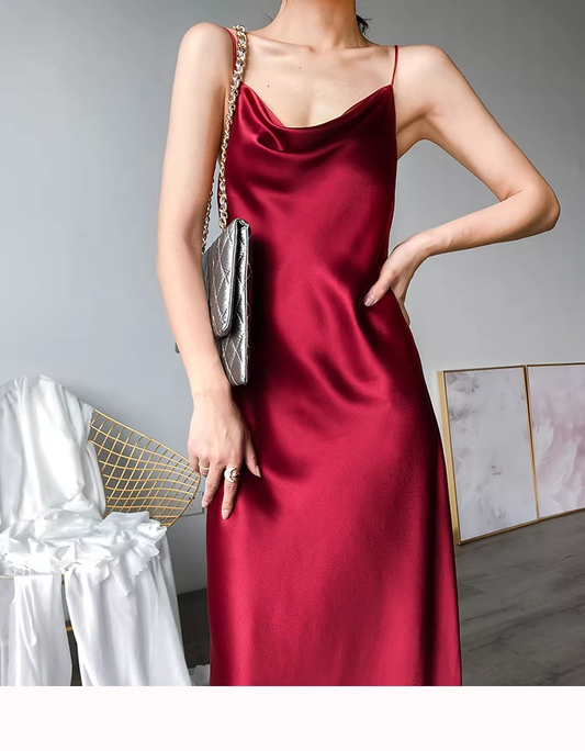 Burgundy Spaghetti Straps Satin Long Birthday Party Dress YM2442