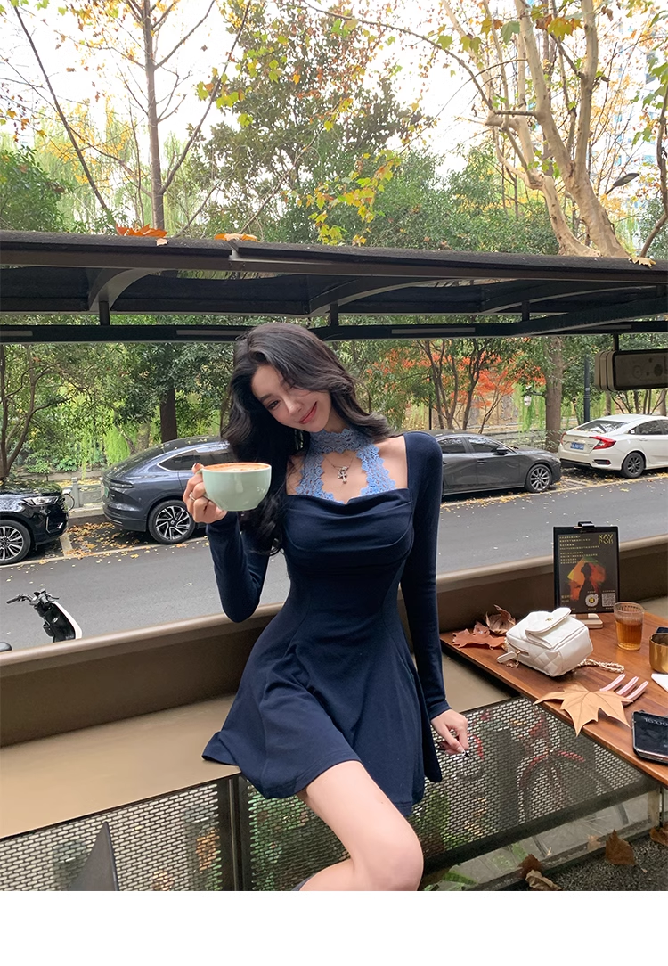 Navy Blue Lace Halter Long Sleeves A Line Mini Party Dress YM1991