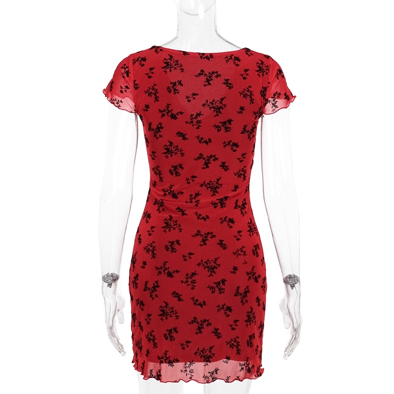 Vintage Red Short Sleeves Print Floral Sheath Short Birthday Dress Vacation Dress YM2231