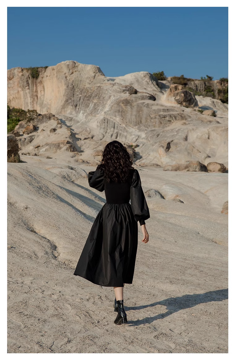 Knitted patchwork black v-neck long-sleeved dress YM1137