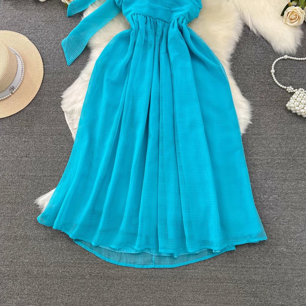 Deep V-neck mid-length sleeveless a-line dress YM984