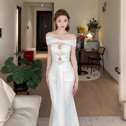 Elegant White Off The Shoulder Long Party Dress Vacation Dress YM2212