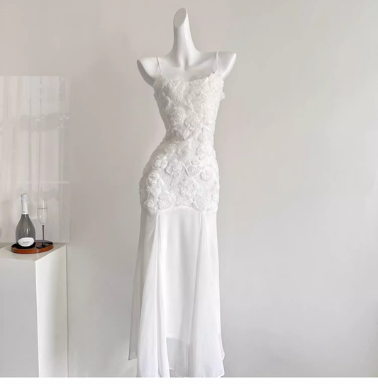 Elegant White Suspender Dress French Chiffon Waist Party Dress Mermaid Dress YM2092
