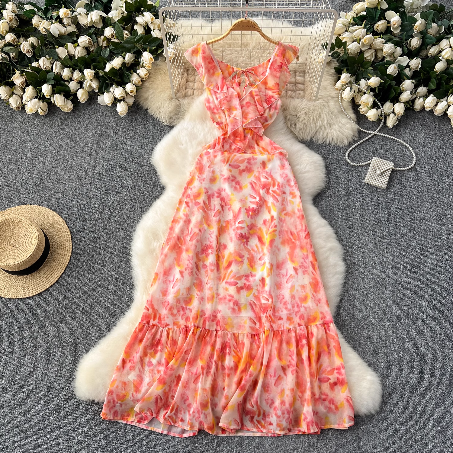 chiffon vacation dress Always On Vacation Tropical Chiffon Maxi Dress - Red/combo