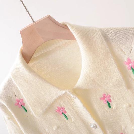 Floral embroidered POLO collar knitted cardigan YM657