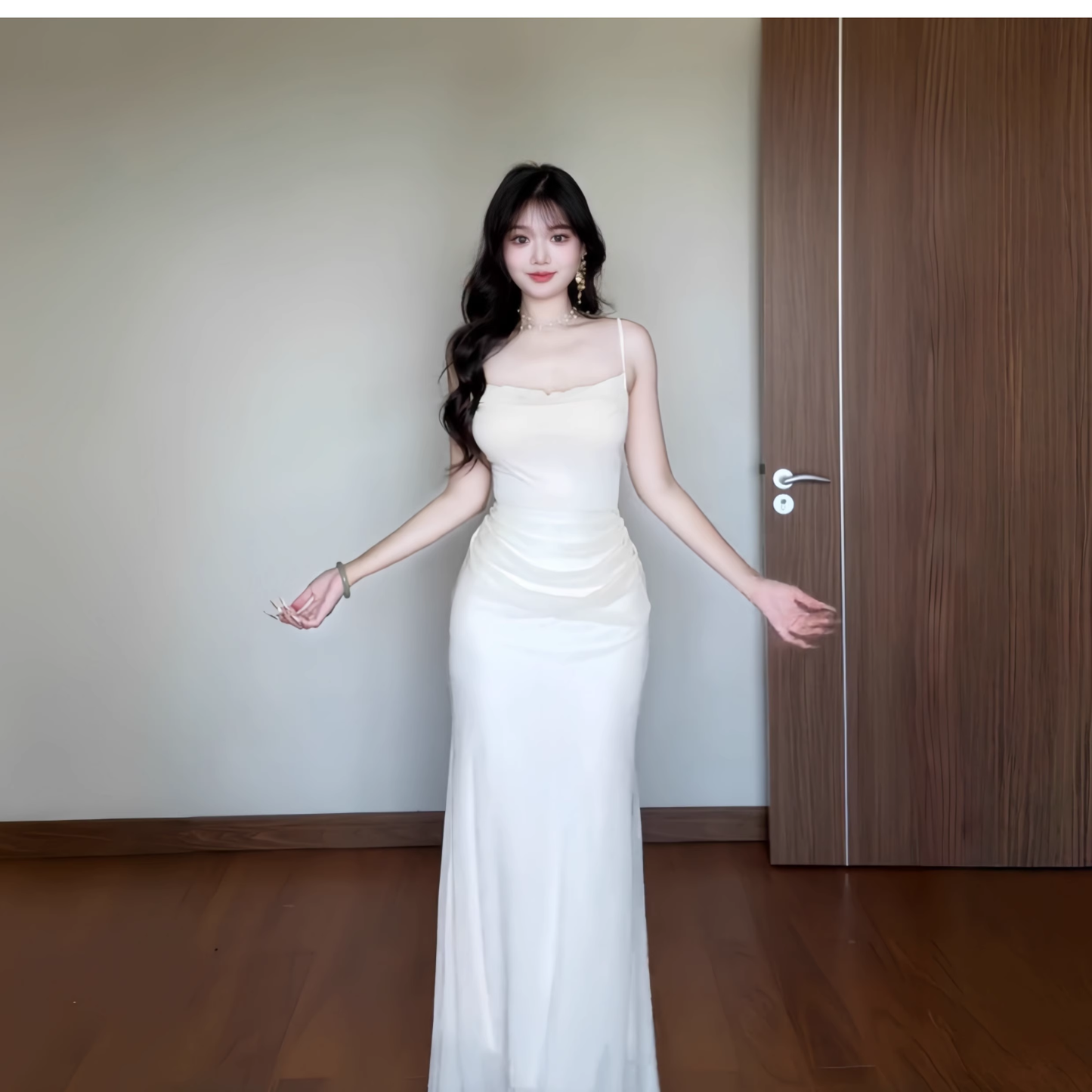 Simple Apricot Spaghetti Straps Long Holiday Dress Seaside Vacation Dress YM2234