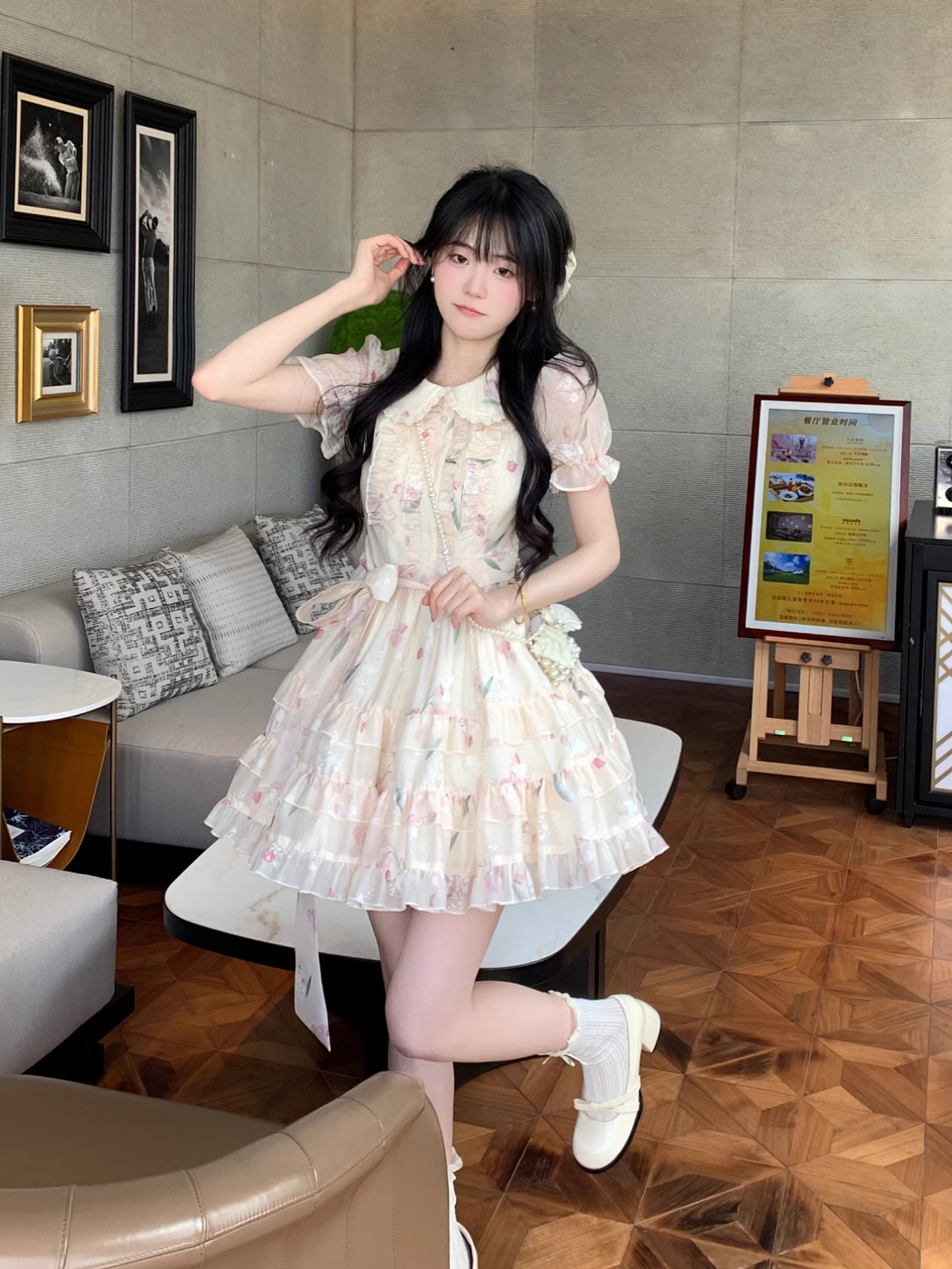 Sweet Tulip Print Baby Doll Neck Multi-Level Skirt Dress YM2032
