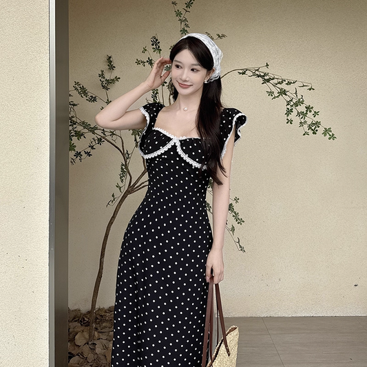Cute Black Lace Polka Dot Square Neck Long Vacation Dress Holiday Dress YM2249
