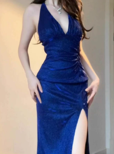 Sexy Halter V Neck Blue High Slit Birthday Party Dress Long Vacation Dress YM2214