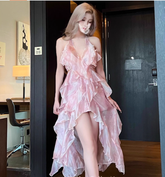Pink gradient gauze multi-layered ruffled halterneck halter party dress YM1911