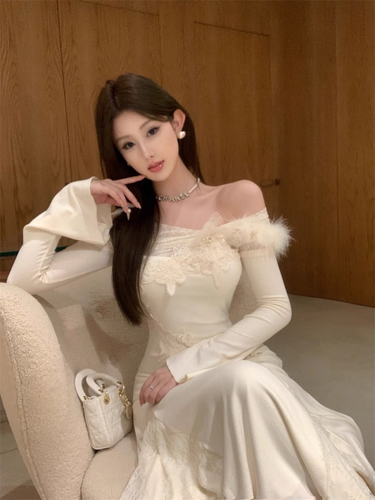 Women's new style one-shoulder long-sleeved dress with lace birthday dress YM1938