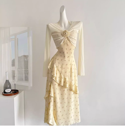 Sweet Slit Irregular Yellow Floral Vacation Dress Two-Piece YM2083