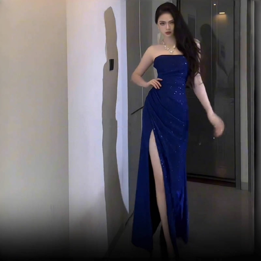 Sparkly Blue Strapless High Slit Long Party Dress Birthday Dress YM2207