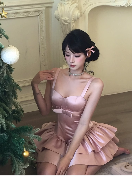 Pink Spaghetti Strasp Satin Layered Birthday Outfits Short Prom Dress YM1983