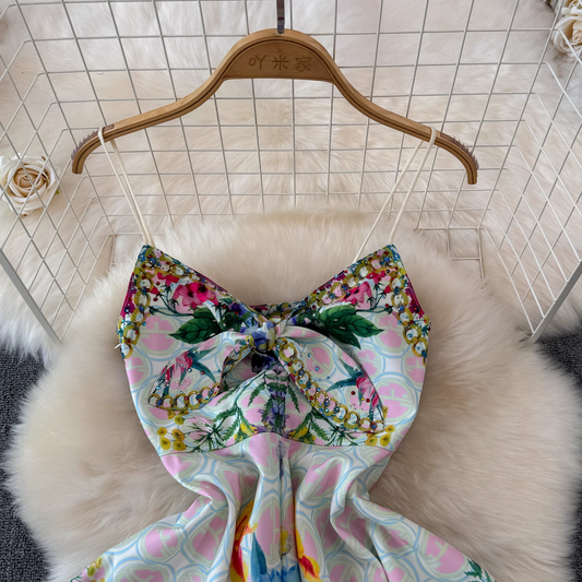 Colorful floral suspender seaside vacation dress YM1424