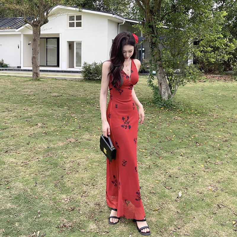 Sexy V Neck Red Print Floral Long Birthday Dress Vacation Dress YM2203