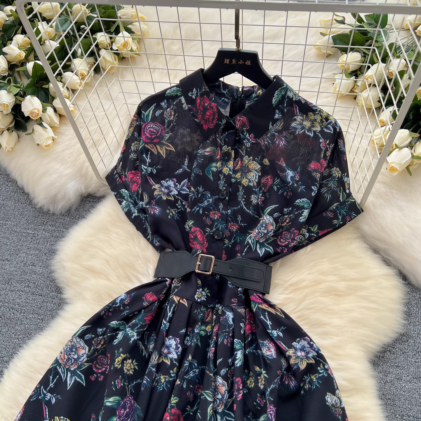 Short sleeve printed vintage chiffon dress YM1093