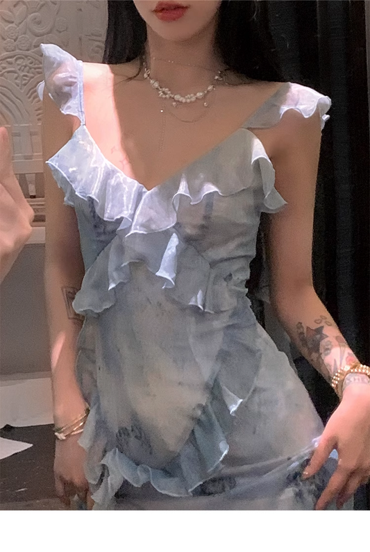 Classy Blue Chiffon Ruffles Slit Party Evening Dress YM2006