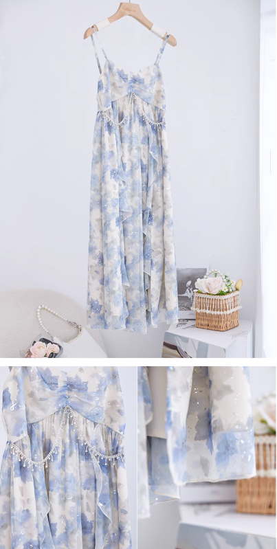 Blue High Waist Ruffled Sequin Print Floral Straps Birthday Party Dress YM2029