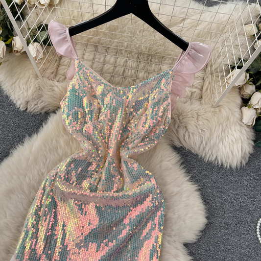 Mesh patchwork sequin dress YM512
