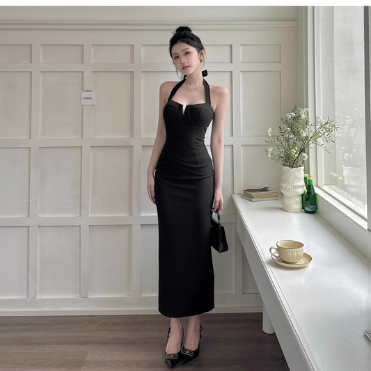 Black Halter Neck Holiday Dress New French Sheath Long Vacation Dress YM2270