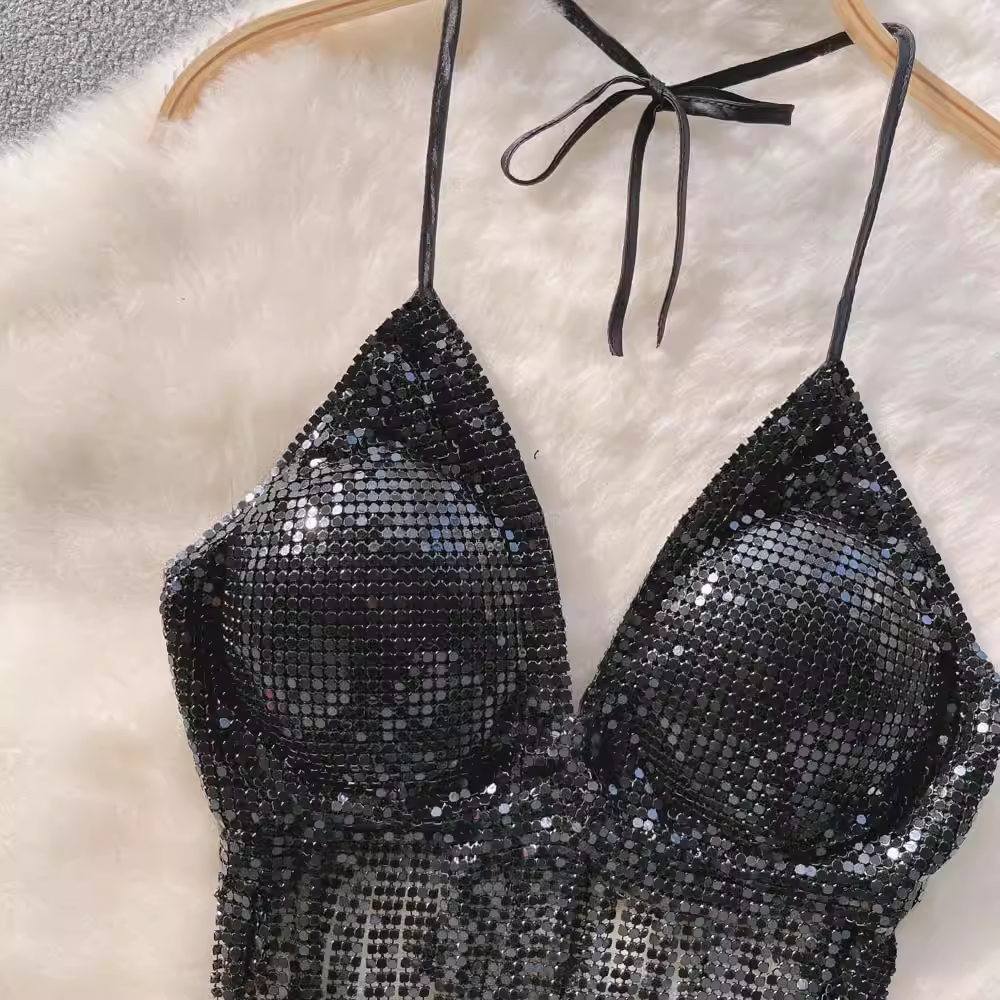 Women's sequined halter top with tassels,YM29