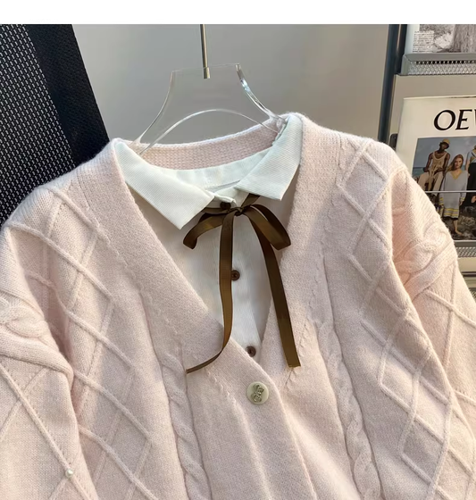 Pink Preppy Style Bow Sweater Cardigan YM2454