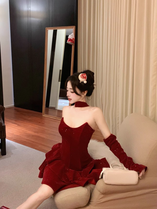 Glitter Red Velvet A Line Party Dress Birthday Outfits YM1822
