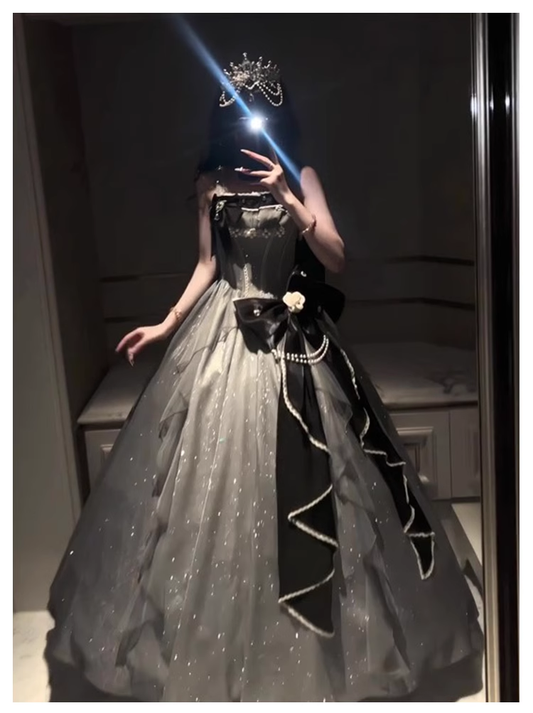 Charming Silver Gray Long Evening Dress Lolita Birthday Party Dress YM2141