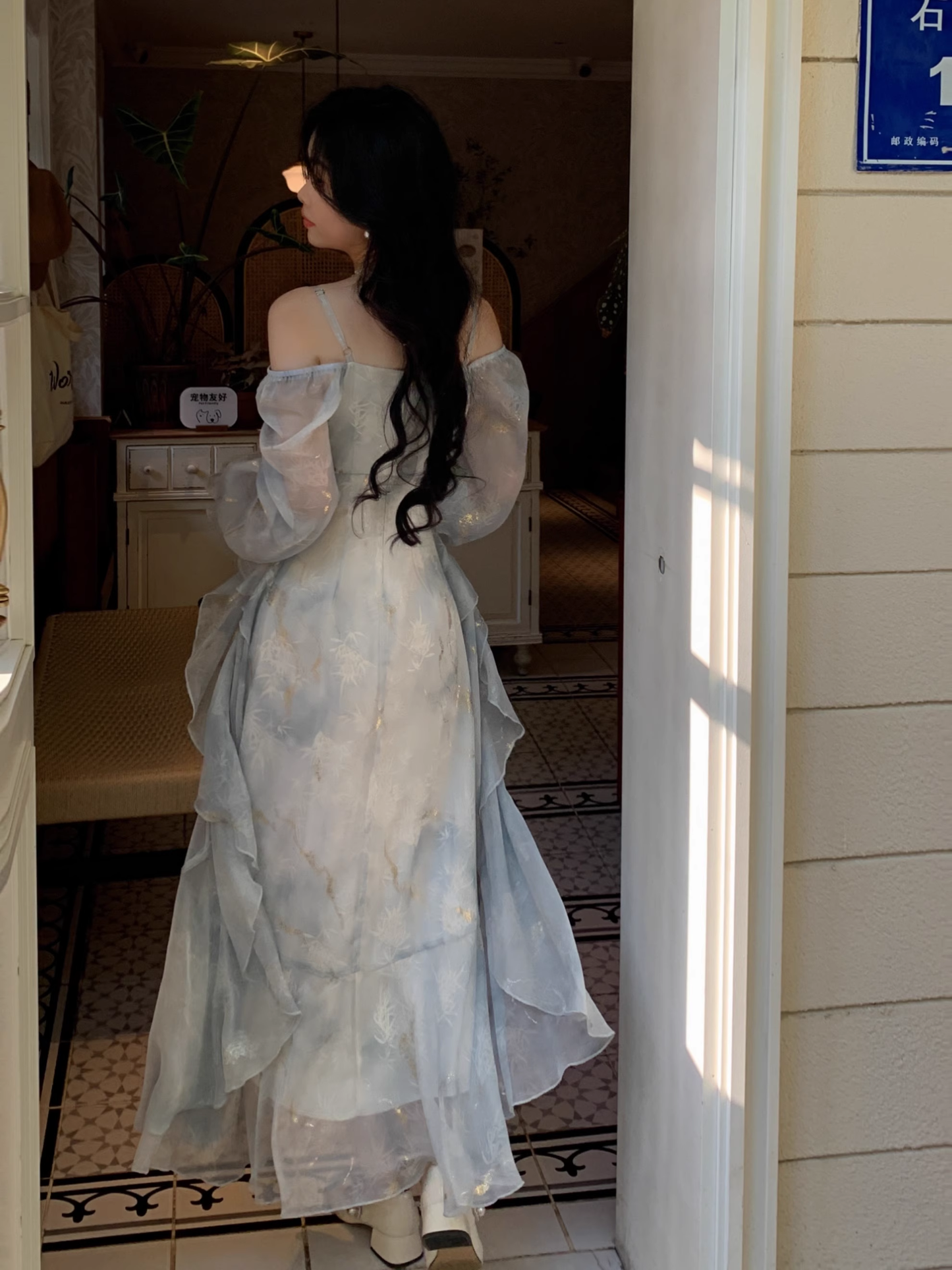 Blue Fairy-Like Ruffle Long-Sleeve Prom Dress Off The Shoulder Party Dress YM2042