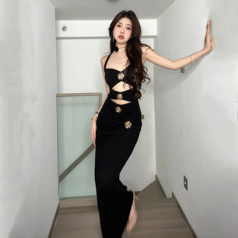 Black Sexy Hollow Halter Neck Sheath Long Holiday Dress Birthday Dress YM2219