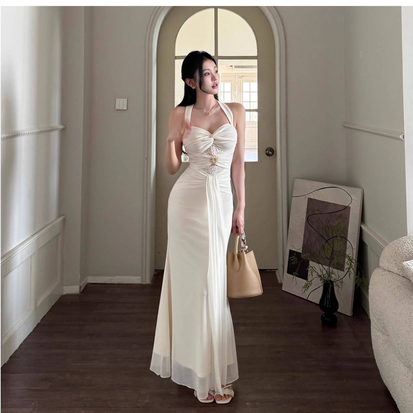 White Halter Neck Long Holiday Dress Sexy Lace Sheath Birthday Dress YM2278