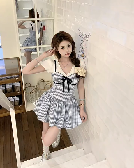 Sweet Blue Bowknot Fake Two-Piece V-Neck Vacation Dress A-Line Short Dress YM2161