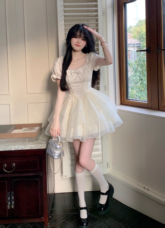 Sweet Apricot Princess Style Bowknot Organza Short Dress Puff Birthday Party Dress YM2031