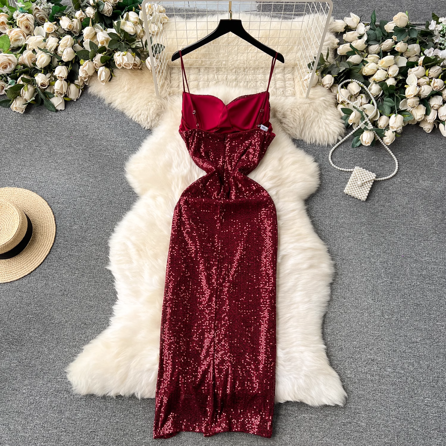 Burgundy Sequins Dress With Split YM1237
