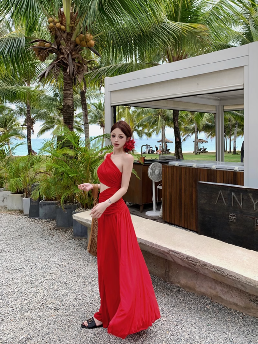 Off-shoulder Sleeveless Red With Hollow Slit A-line  Long Holiday Dress Vacation Dress YM2110