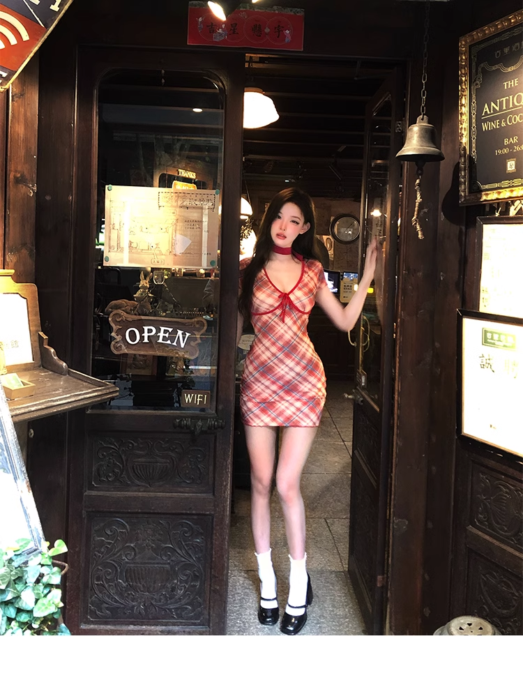 Red Sheath Plaid Hottie Dress,Sexy Mini Party Birthday Dress YM1993