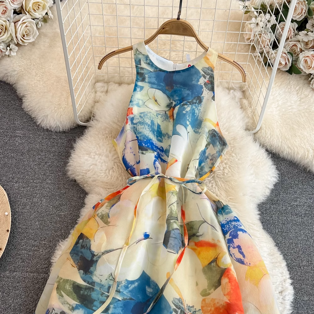 Sleeveless round neck a-line oil painting printing lotus leaf hem dress maxi dress YM301